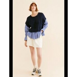Avantlook XS Layered Mixed Media Top Blue‎ Knit Stripe Shirt NWT